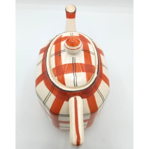 Red Plaid Teapot Vintage Takito Company Japan Hand Painted Crazed 9 Inch Serving - Picture 6 of 16